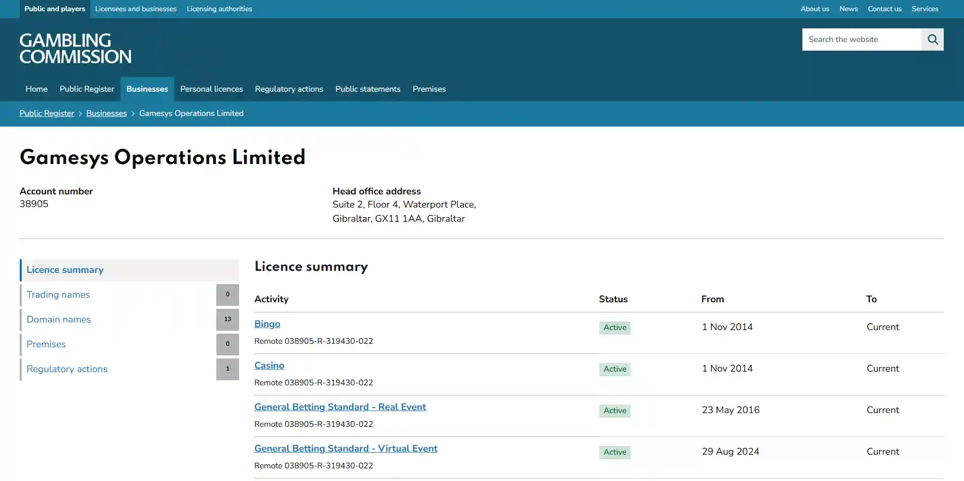 Current UK Gambling Commission licence summary for Gamesys Operations Limited account 38905
