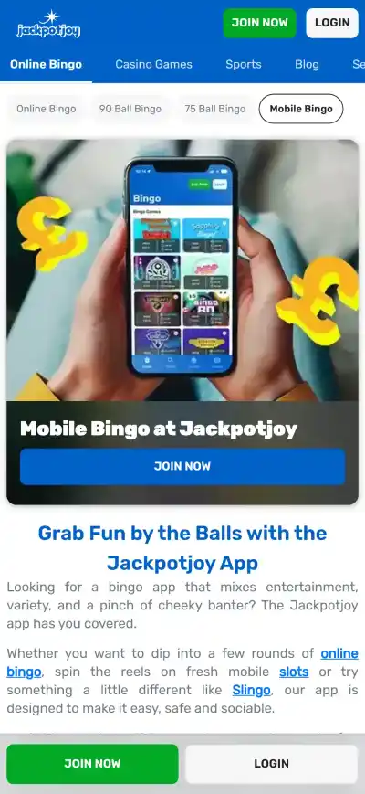 Current official Jackpotjoy mobile app presentation for iOS and Android