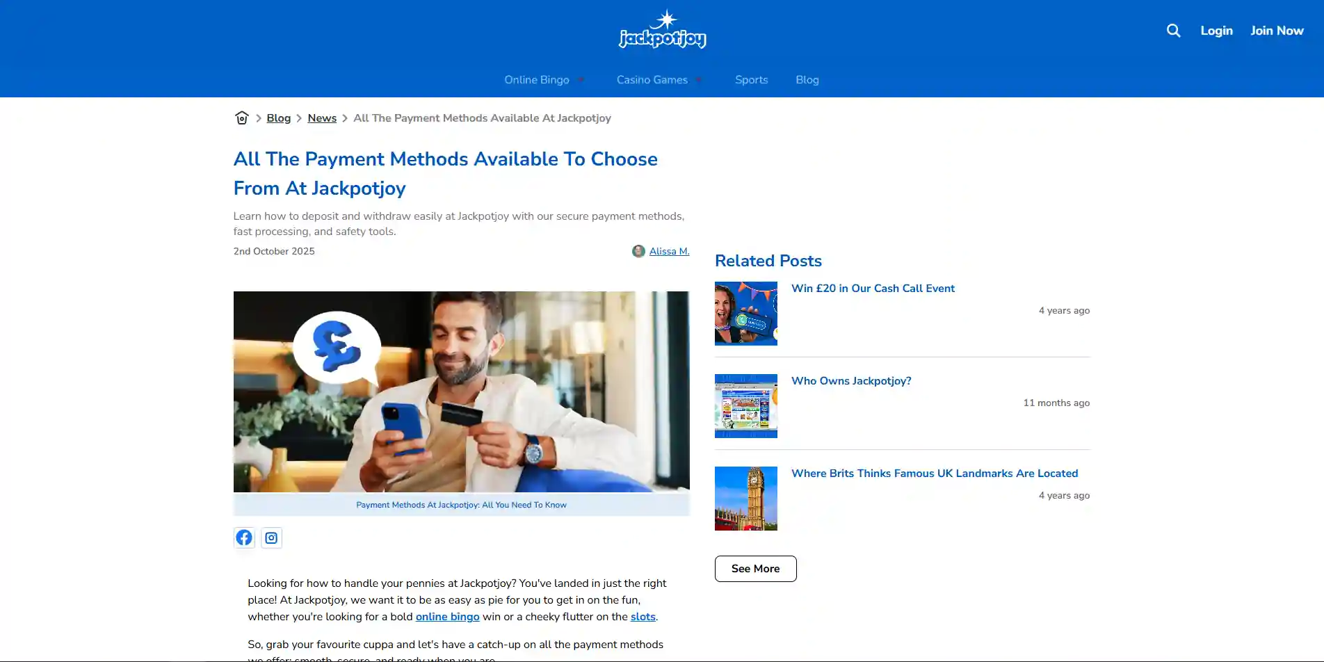 Jackpotjoy Payment Methods UK 2026 – Deposits and Options