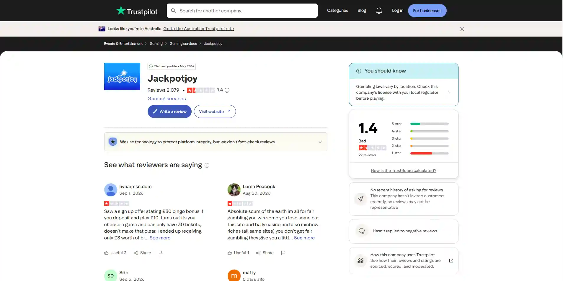 Current Trustpilot summary for Jackpotjoy showing the review count and rating snapshot