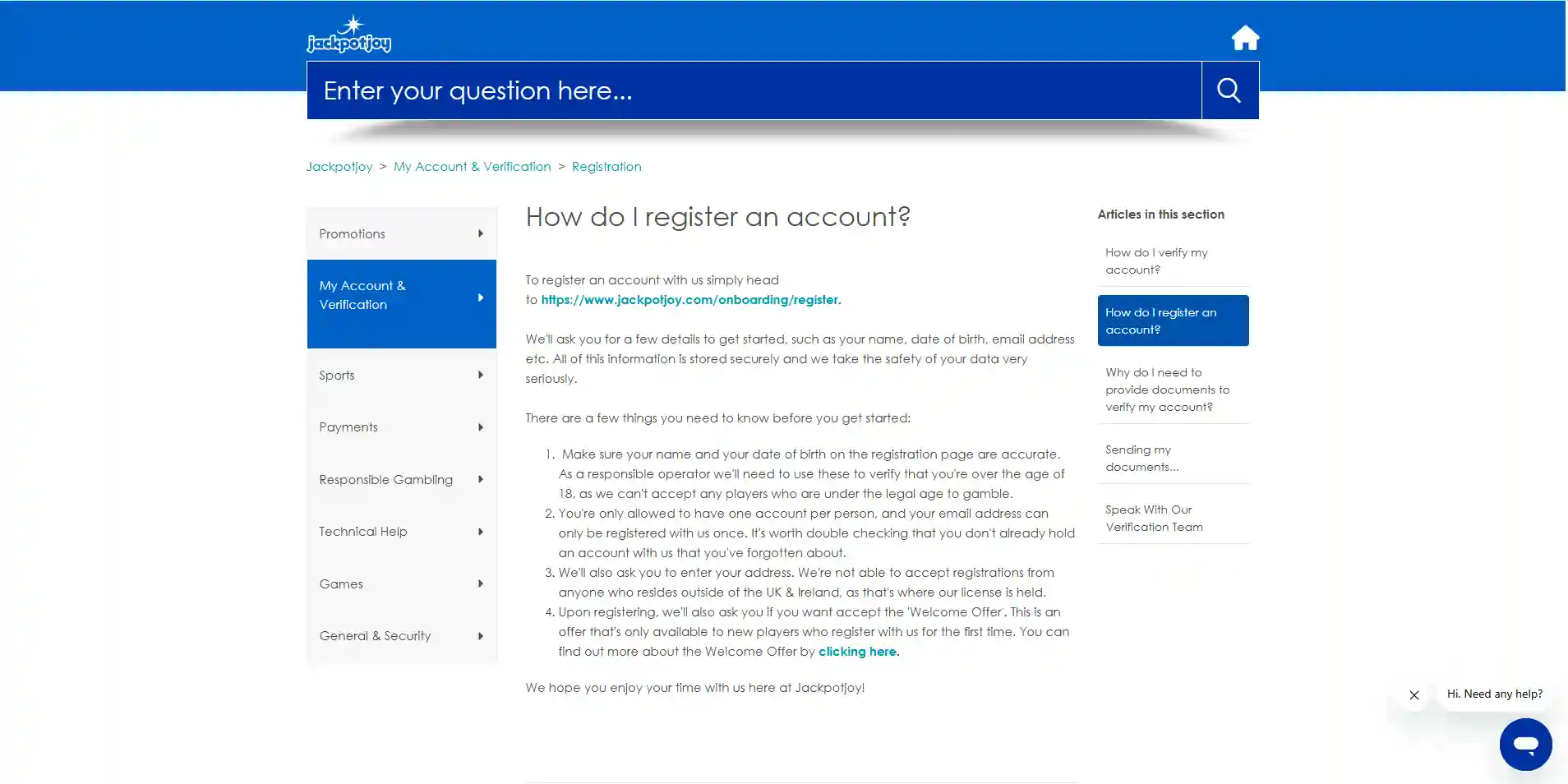 Current official Jackpotjoy registration guidance for creating an account