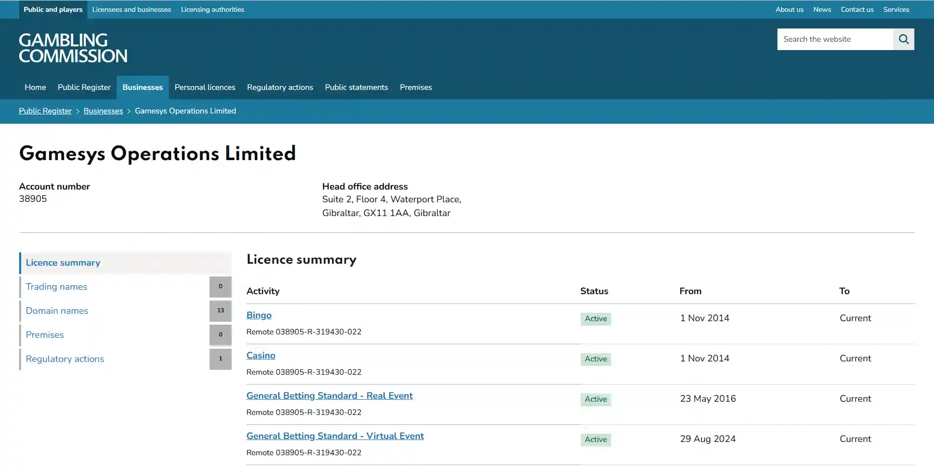 Gambling Commission licence summary for Gamesys Operations Limited account 38905